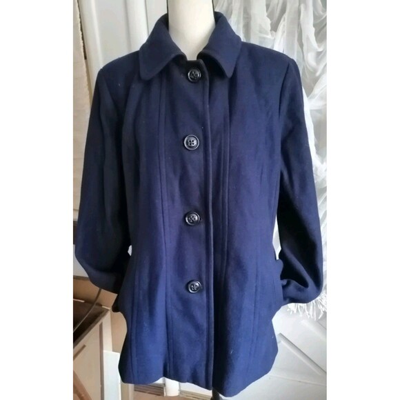 London Fog Wool Blend Pea Coat Lined Womens L Blue Classic Winter Jacket - Picture 1 of 3